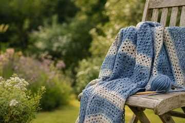 Blue and cream hand-crocheted shawl in granny stripes draped over a wooden garden chair beside a ball of yarn