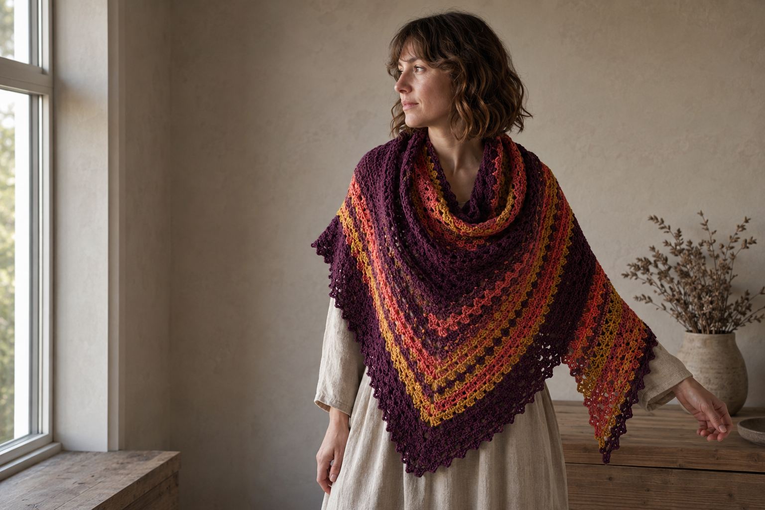 A hand-crocheted triangular shawl in plum with bands of coral and saffron, worn over a cream linen dress by a sunny window
